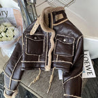 Women's Faux Leather Moto Coat – Plush Collar Winter Jacket
