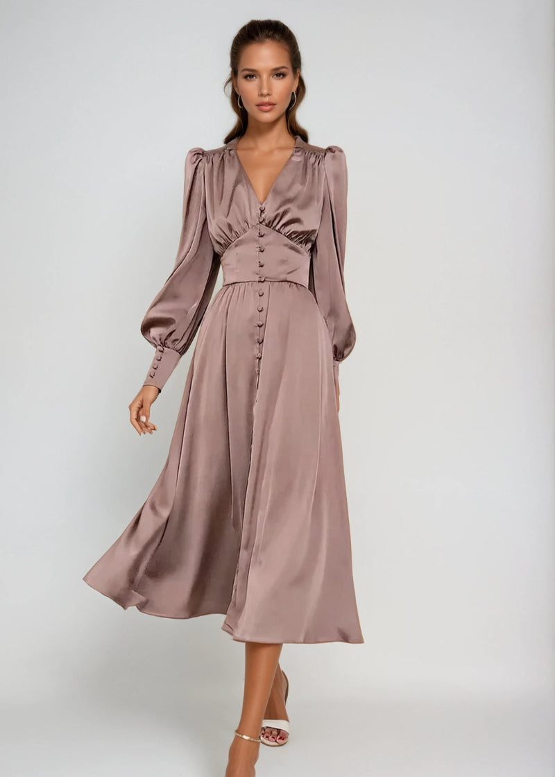 Women's V-Neck Wedding Guest Maxi Dress – Lantern Sleeve Flowy Formal Dress