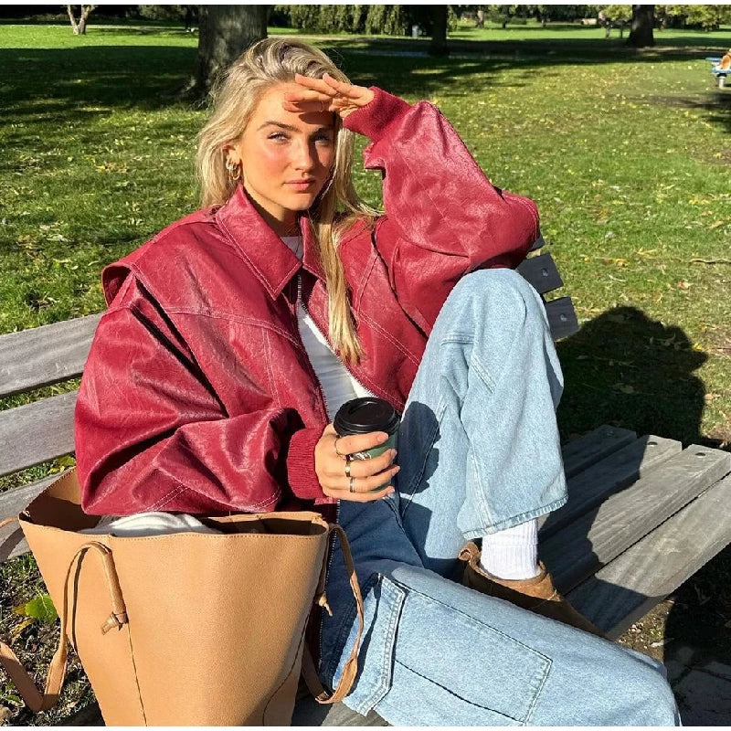 Women's Cropped Faux Leather Jacket – Patchwork Zip-Up Winter Jacket
