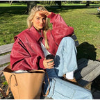 Women's Cropped Faux Leather Jacket – Patchwork Zip-Up Winter Jacket