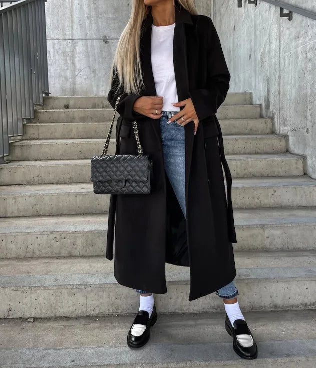 Women's Long Lapel Coat – Tailored Button Front Overcoat