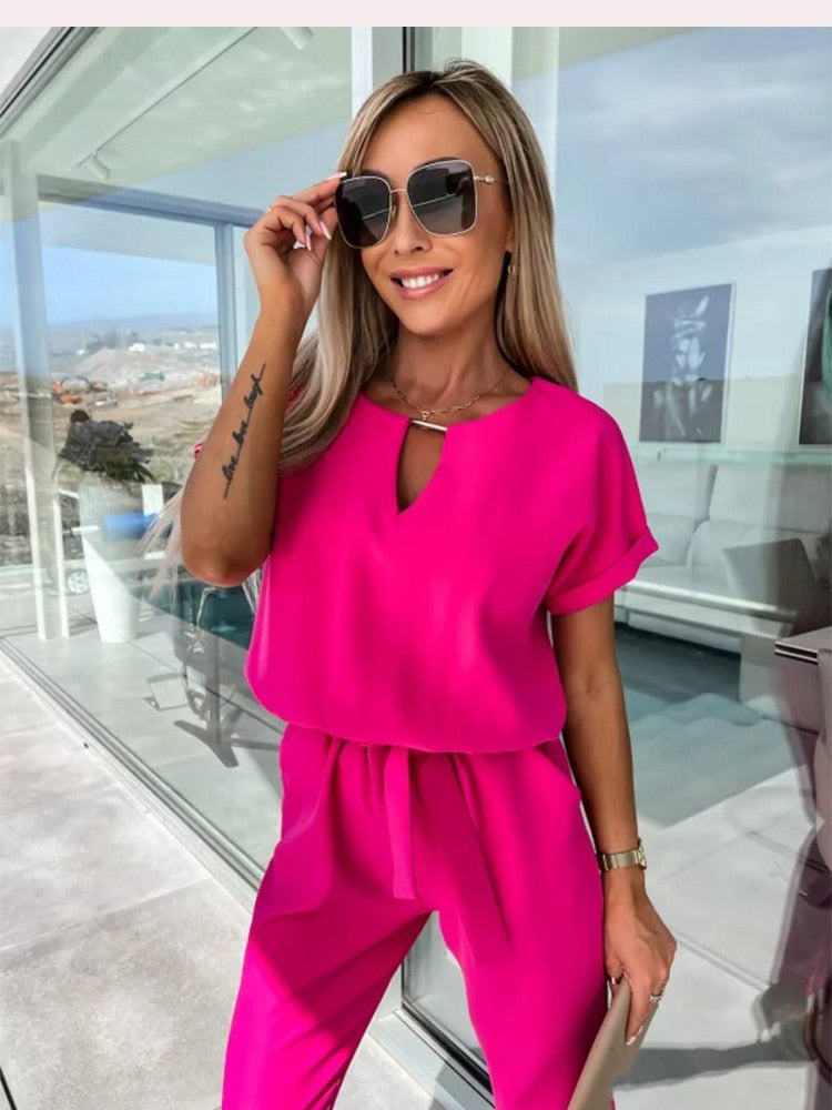 Women's Tie Waist Wide Leg Jumpsuit – Short Sleeve Round Neck Jumpsuit