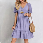 Women's V-Neck Ruffle Dress – Short Sleeve Flowy Summer Dress