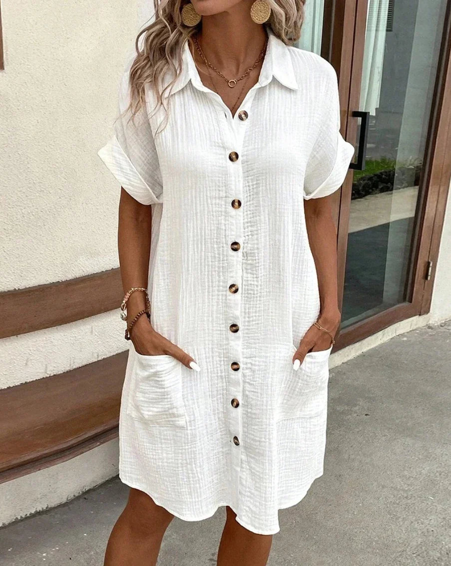 Women's Vintage V-Neck Dress – Flowy Three-Quarter Sleeve Day Dress