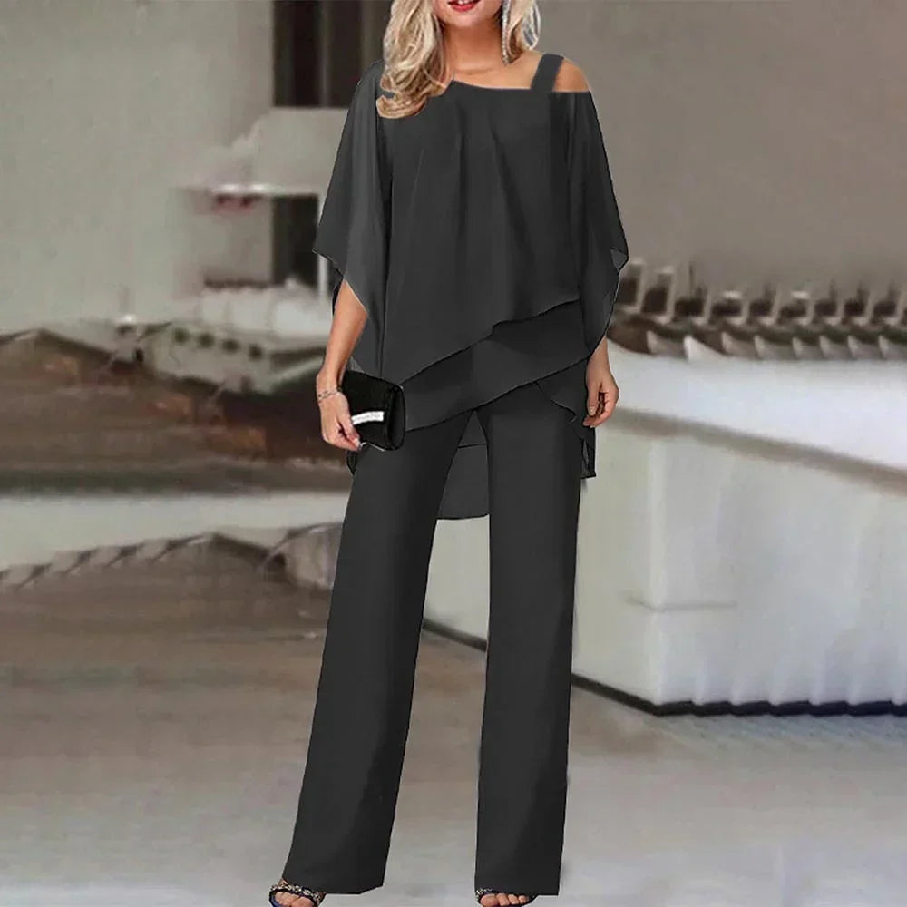 Women's Layered Wide Leg Jumpsuit – Cold Shoulder Evening Jumpsuit
