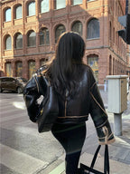 Women's Faux Leather Moto Coat – Plush Collar Winter Jacket