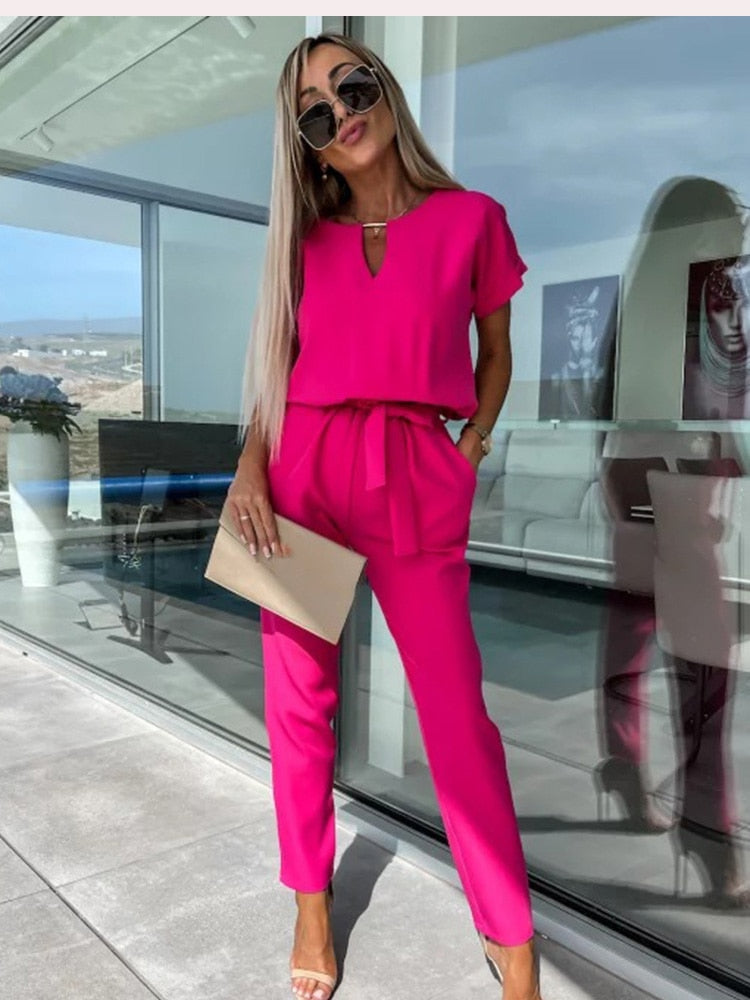 Women's Tie Waist Wide Leg Jumpsuit – Short Sleeve Round Neck Jumpsuit