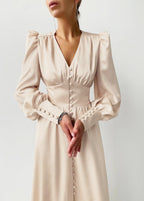 Women's V-Neck Wedding Guest Maxi Dress – Lantern Sleeve Flowy Formal Dress