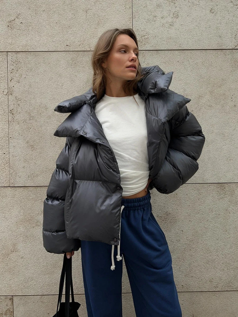 Women's Quilted Puffer Jacket – Glossy Oversized Jacket