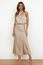 Women's Halter Cocktail Midi Dress – Flowy Relaxed Occasion Dress