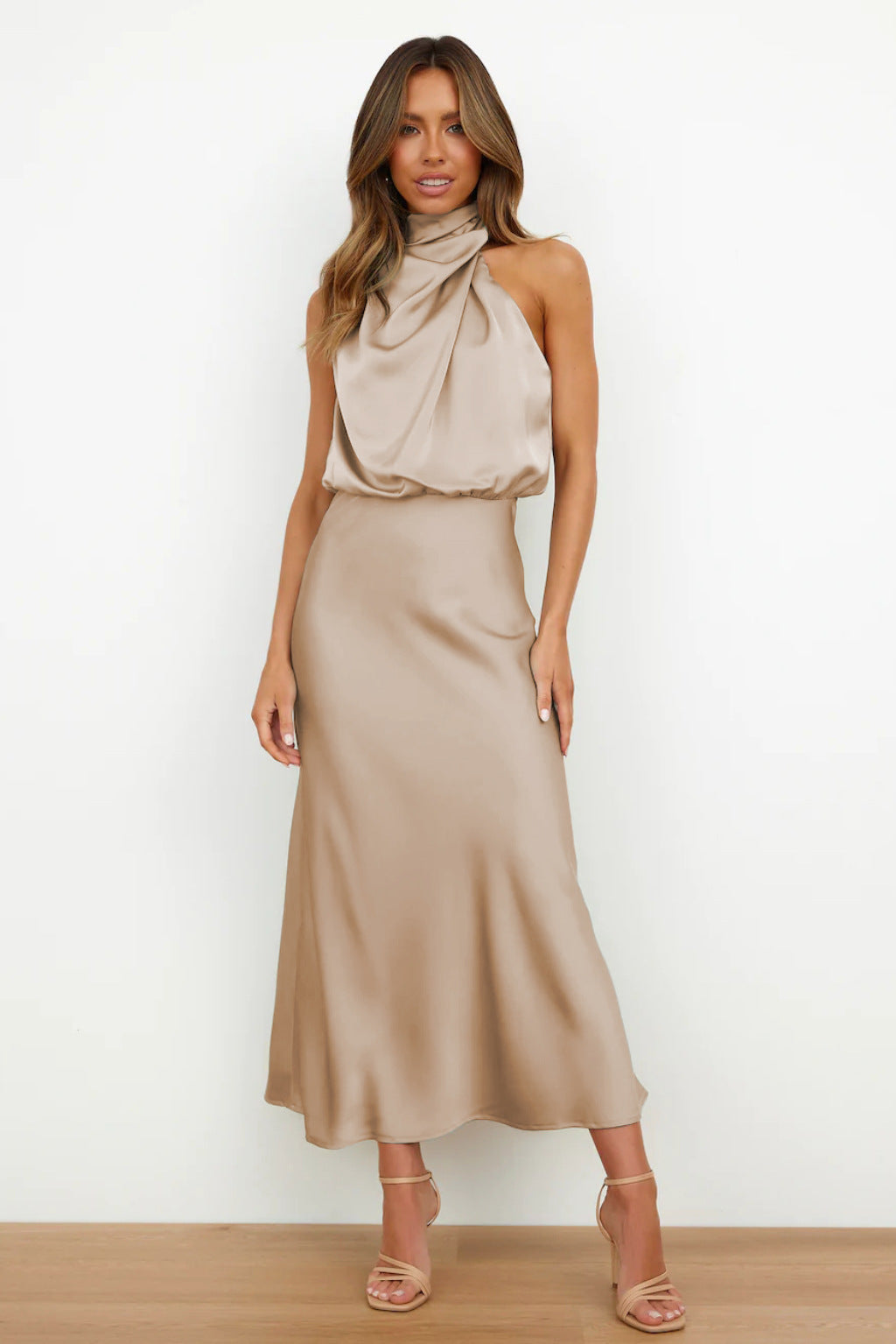 Women's Halter Cocktail Midi Dress – Flowy Relaxed Occasion Dress