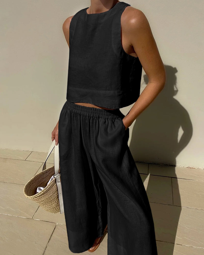 Women's High Waist Pants Set – Crop Top & Wide Leg Summer Co-Ord Set