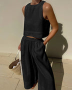 Women's High Waist Pants Set – Crop Top & Wide Leg Summer Co-Ord Set