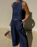 Women's High Waist Pants Set – Crop Top & Wide Leg Summer Co-Ord Set