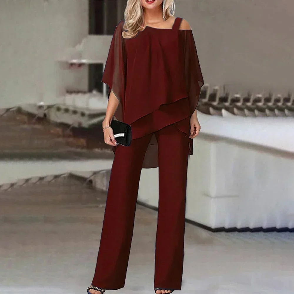 Women's Layered Wide Leg Jumpsuit – Cold Shoulder Evening Jumpsuit
