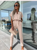 Women's Tie Waist Wide Leg Jumpsuit – Short Sleeve Round Neck Jumpsuit