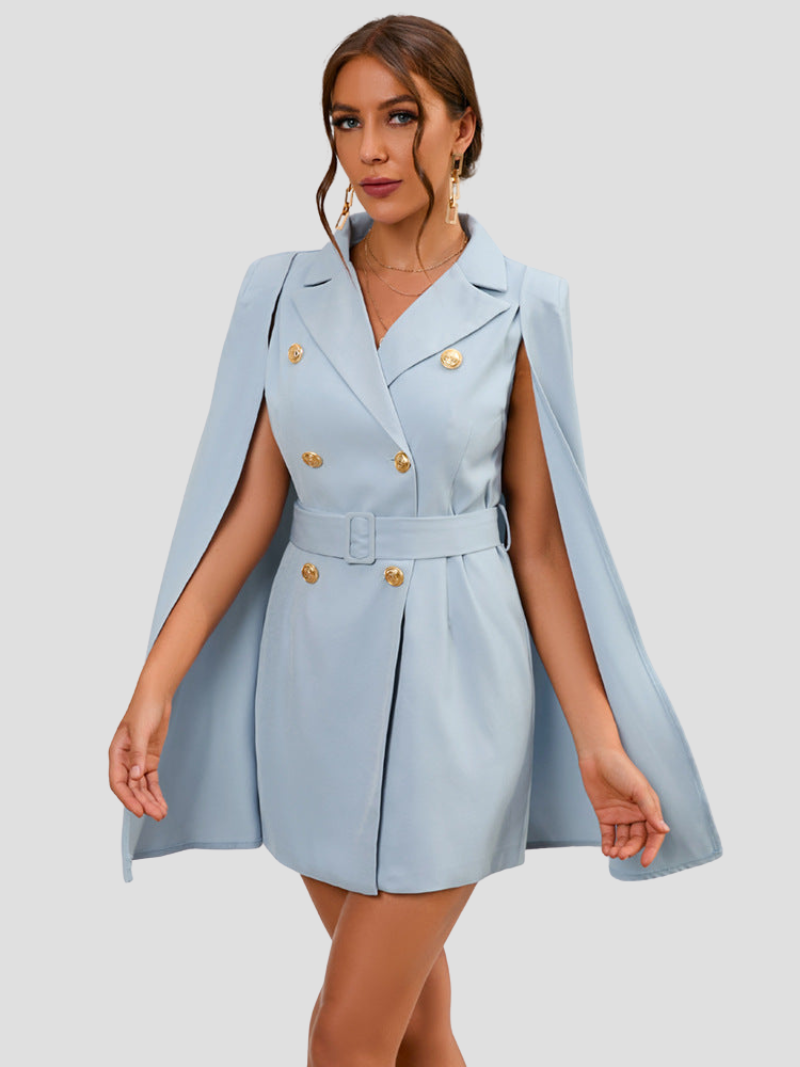 Women's Belted Cape Blazer Dress – Gold Button Formal Mini Dress