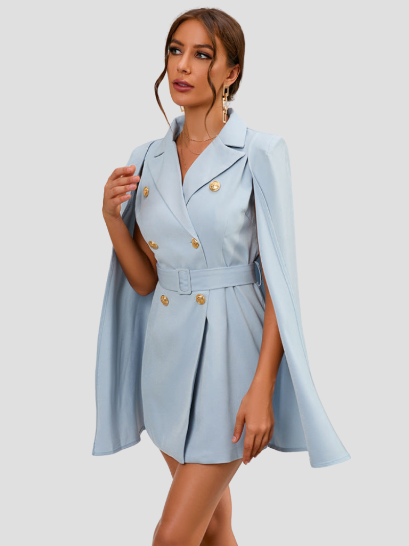 Women's Belted Cape Blazer Dress – Gold Button Formal Mini Dress