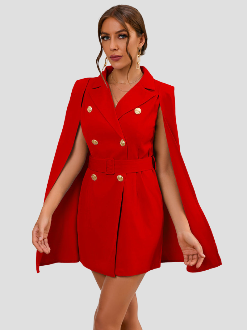 Women's Belted Cape Blazer Dress – Gold Button Formal Mini Dress