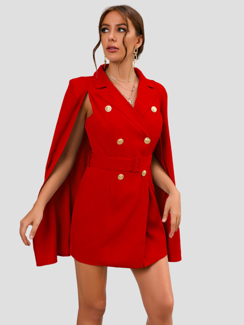 Women's Belted Cape Blazer Dress – Gold Button Formal Mini Dress