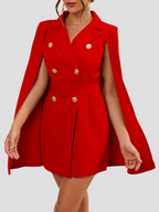 Women's Belted Cape Blazer Dress – Gold Button Formal Mini Dress