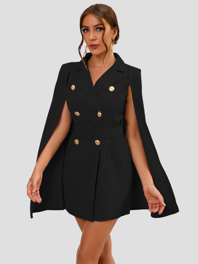 Women's Belted Cape Blazer Dress – Gold Button Formal Mini Dress
