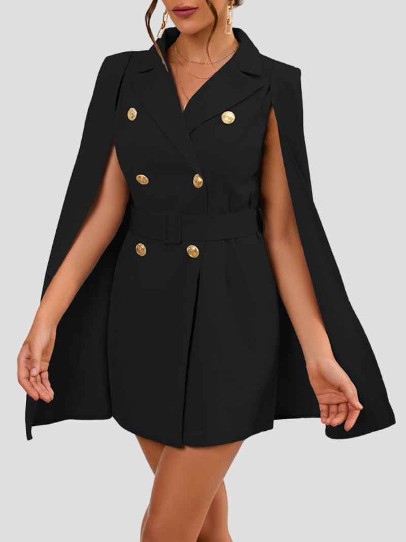Women's Belted Cape Blazer Dress – Gold Button Formal Mini Dress