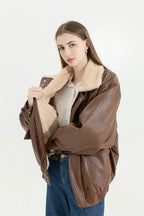 Women's Fleece Lined Faux Leather Jacket – Oversized Winter Jacket