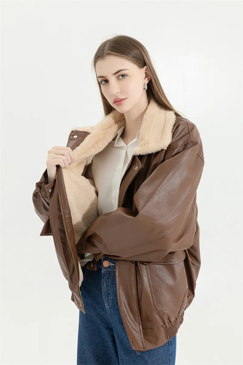Women's Fleece Lined Faux Leather Jacket – Oversized Winter Jacket