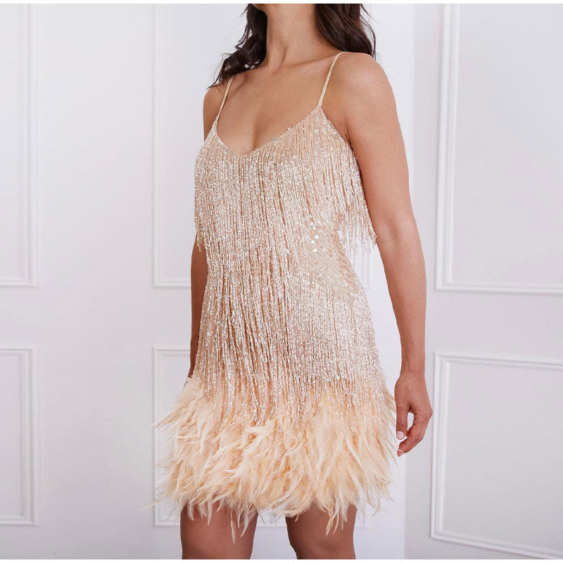 Alanah | Feather Fringe Sequin Dress with spaghetti straps
