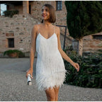 Alanah | Feather Fringe Sequin Dress with spaghetti straps
