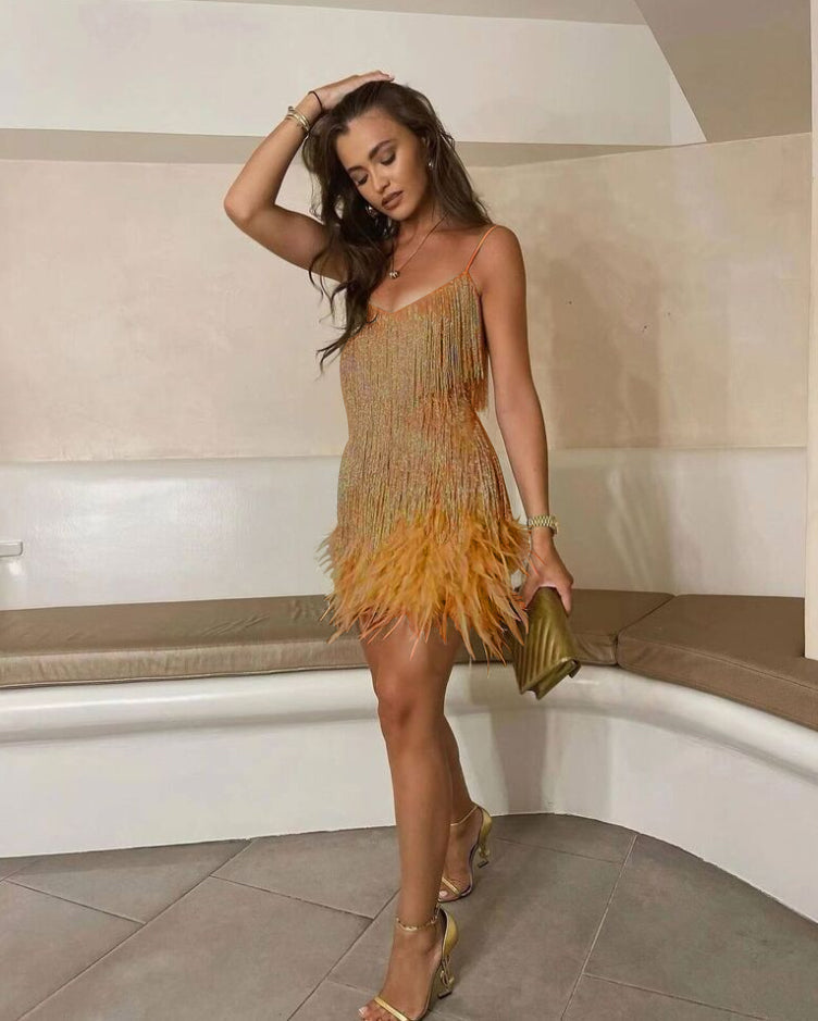 Alanah | Feather Fringe Sequin Dress with spaghetti straps