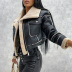 Women's Faux Leather Moto Coat – Plush Collar Winter Jacket