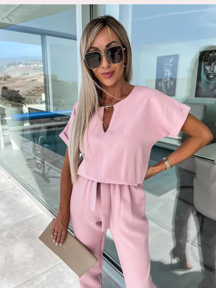 Women's Tie Waist Wide Leg Jumpsuit – Short Sleeve Round Neck Jumpsuit
