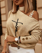 Women's Off-Shoulder Knit Sweater – Chain Strap Button Detail Sweater
