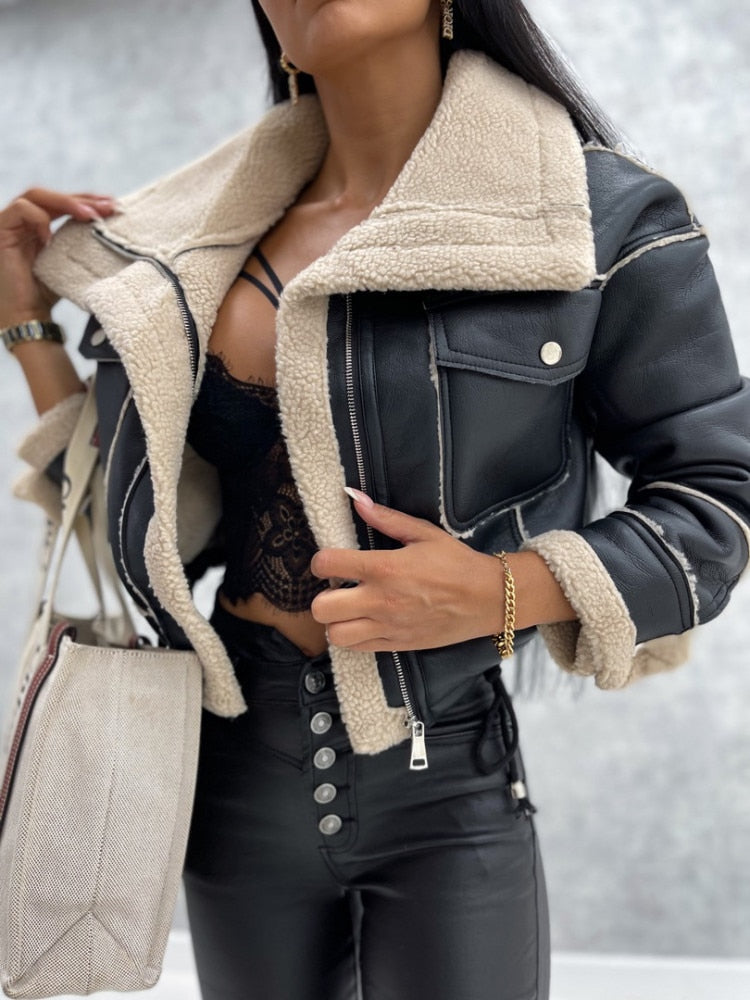 Women's Shearling Style Winter Jacket – Zip-Up Pocket Jacket