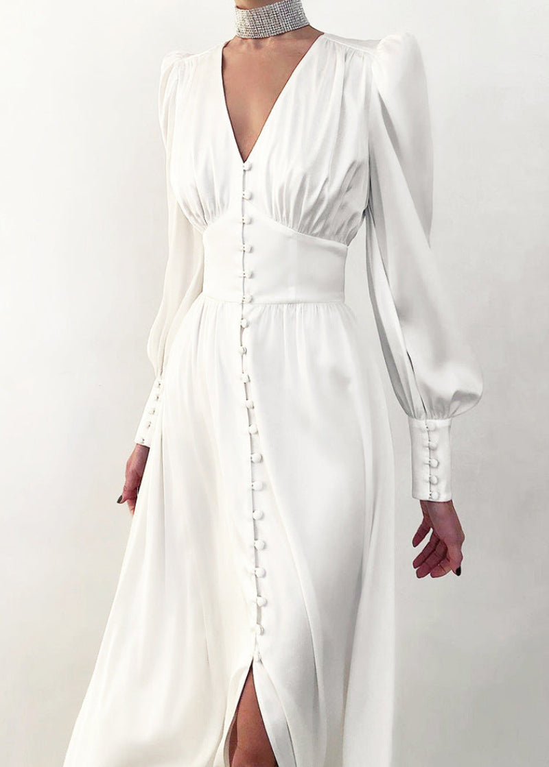 Women's V-Neck Wedding Guest Maxi Dress – Lantern Sleeve Flowy Formal Dress
