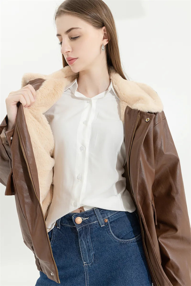 Women's Fleece Lined Faux Leather Jacket – Oversized Winter Jacket