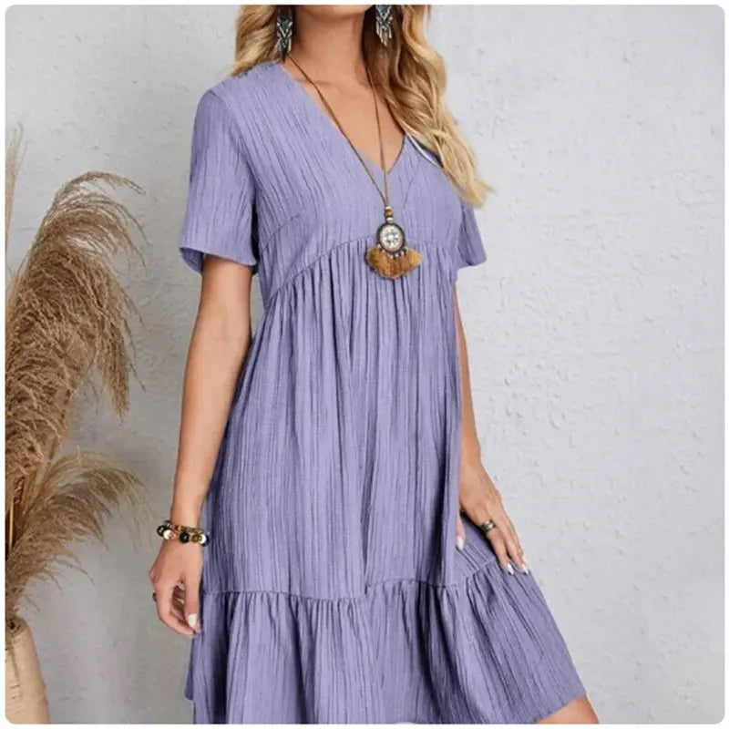 Women's V-Neck Ruffle Dress – Short Sleeve Flowy Summer Dress