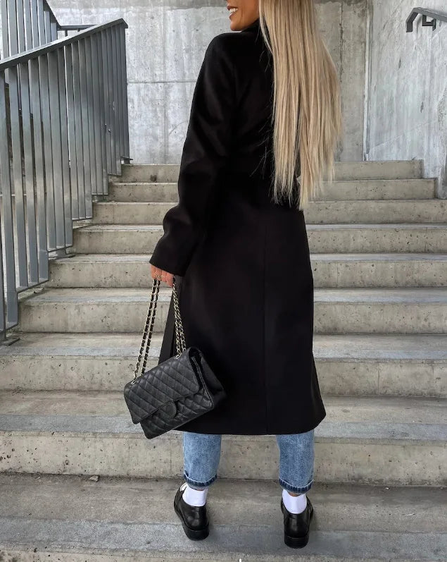 Women's Long Lapel Coat – Tailored Button Front Overcoat