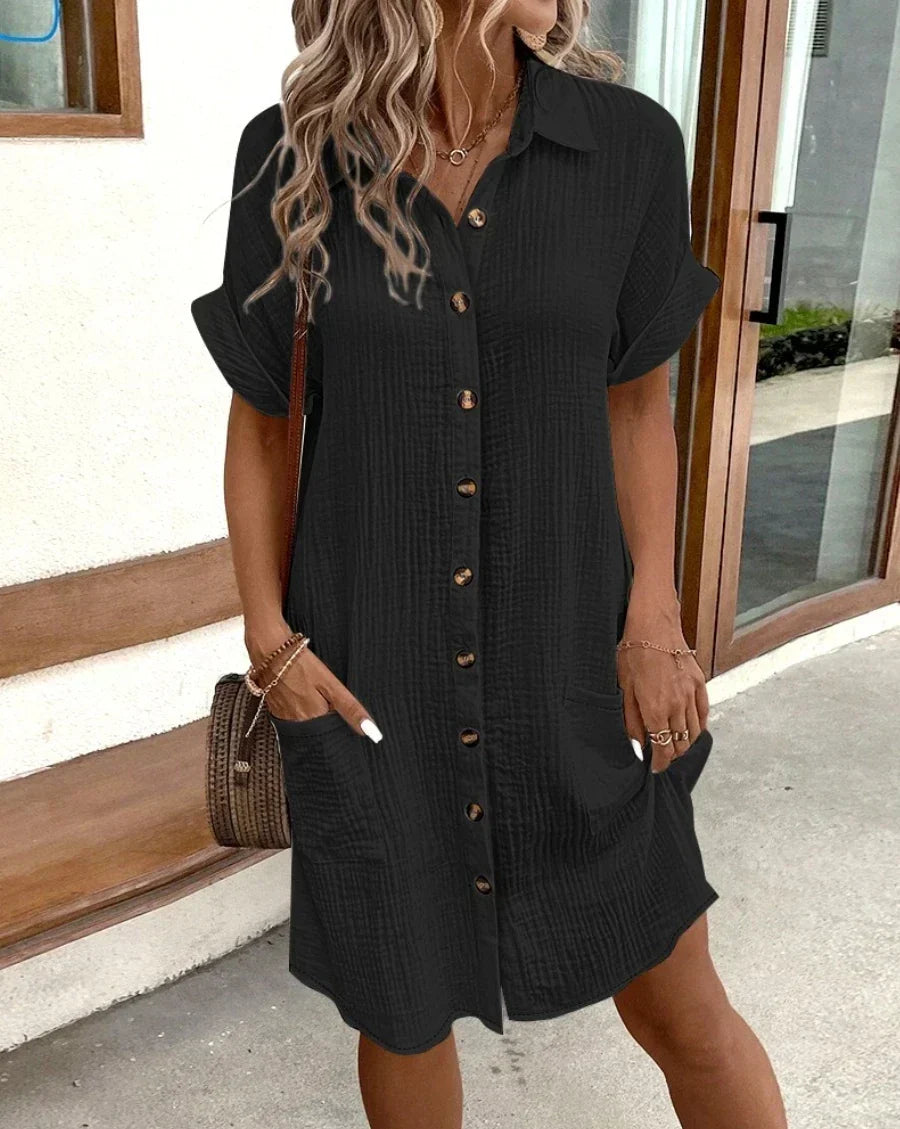 Women's Vintage V-Neck Dress – Flowy Three-Quarter Sleeve Day Dress