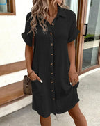 Women's Vintage V-Neck Dress – Flowy Three-Quarter Sleeve Day Dress