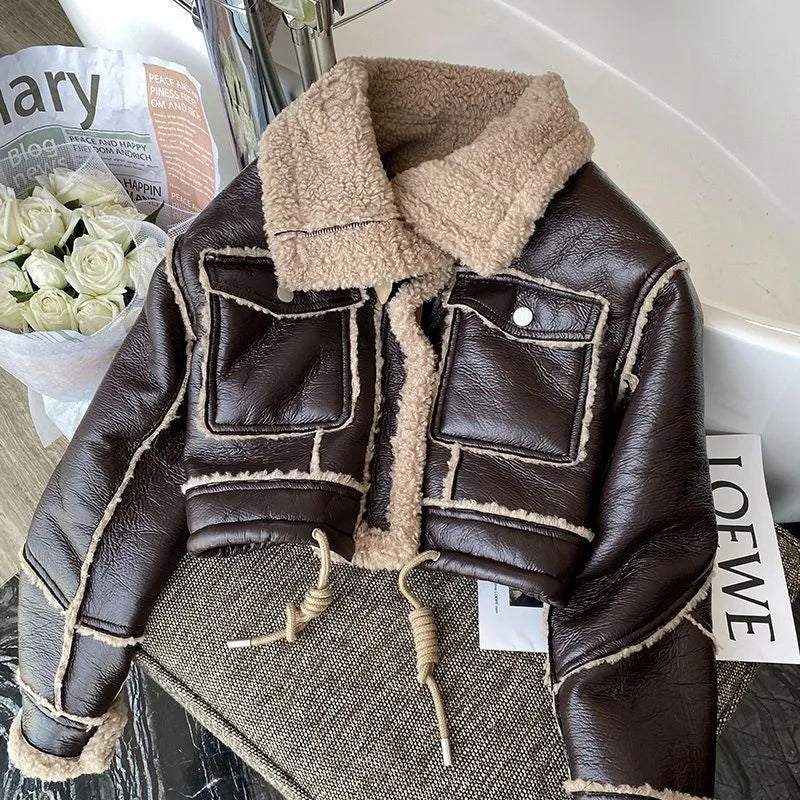 Women's Faux Leather Moto Coat – Plush Collar Winter Jacket
