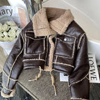 Women's Faux Leather Moto Coat – Plush Collar Winter Jacket