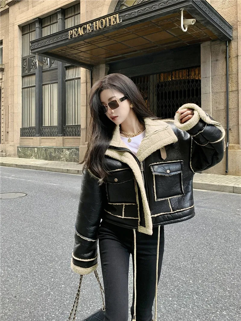 Women's Faux Leather Moto Coat – Plush Collar Winter Jacket