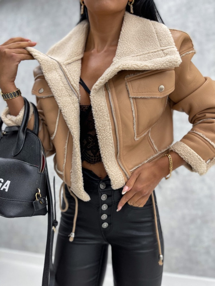Women's Shearling Style Winter Jacket – Zip-Up Pocket Jacket