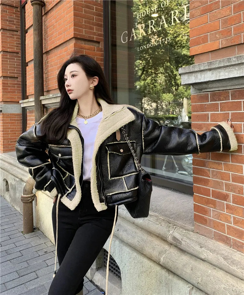 Women's Faux Leather Moto Coat – Plush Collar Winter Jacket