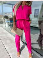 Women's Tie Waist Wide Leg Jumpsuit – Short Sleeve Round Neck Jumpsuit
