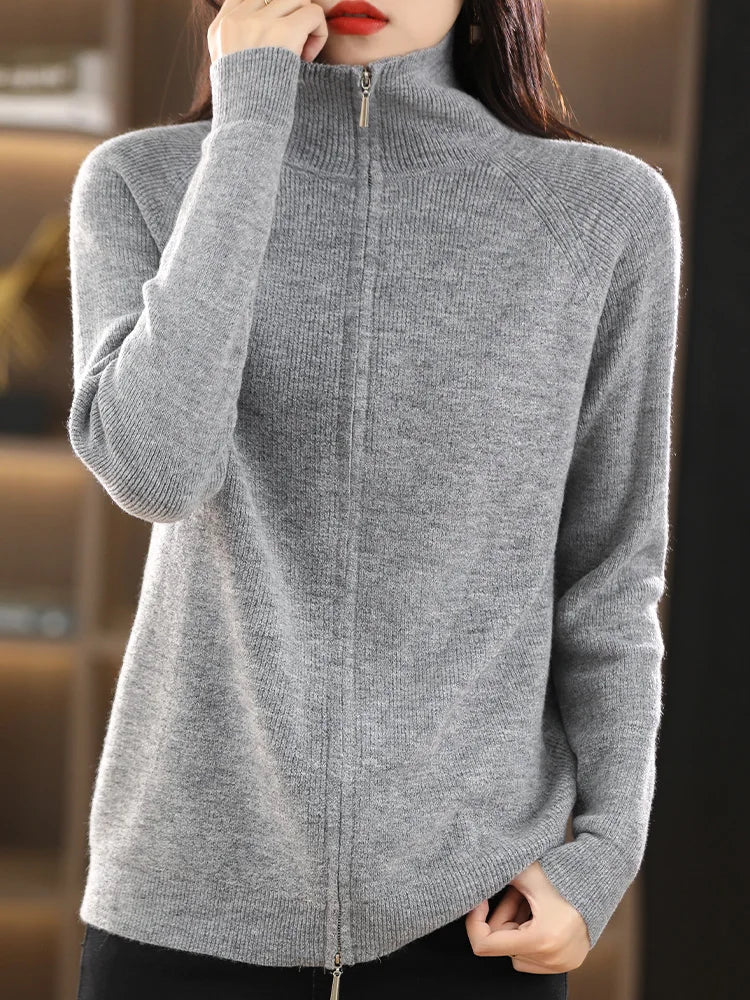 Women's Zip-Up Knit Cardigan – Double Zip Long Sleeve Cardigan