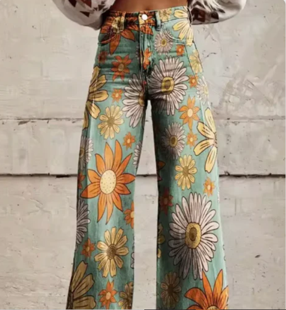 Women's Colourful Printed Summer Trousers – Relaxed Wide Leg Pants